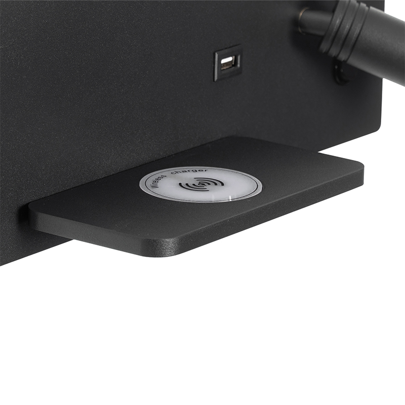 Set di 2 lampade da parete nere con LED, USB e caricabatterie a induzione - Riza