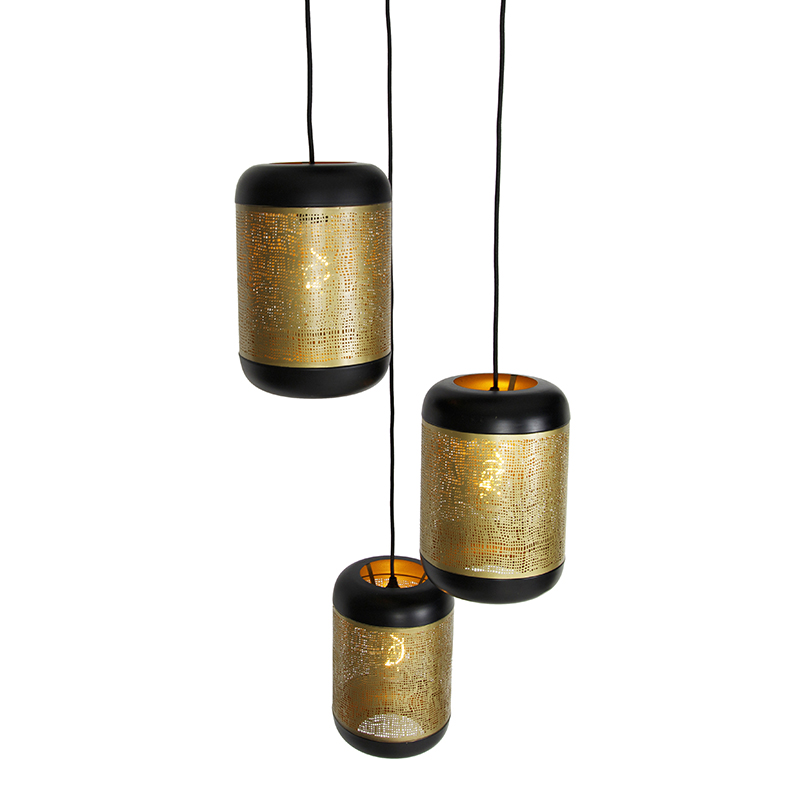 Lámpara colgante vintage negra con latón redonda 3 luces - Kayleigh