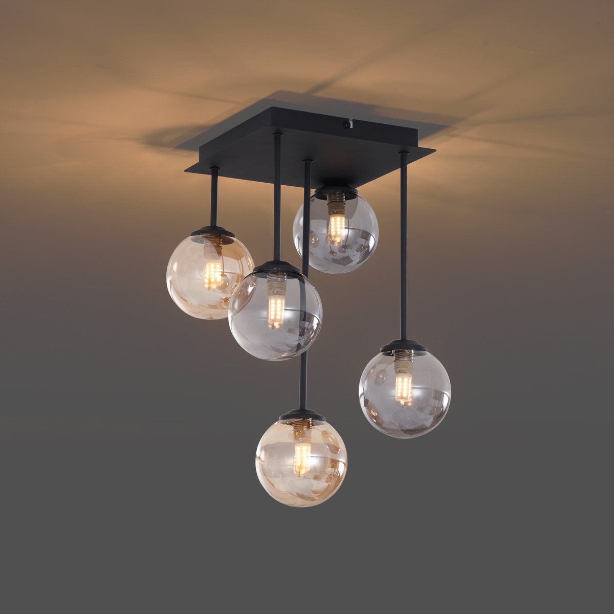 Modern Ceiling Light Black with Amber and Smoke Glass 5-Lights - Athens