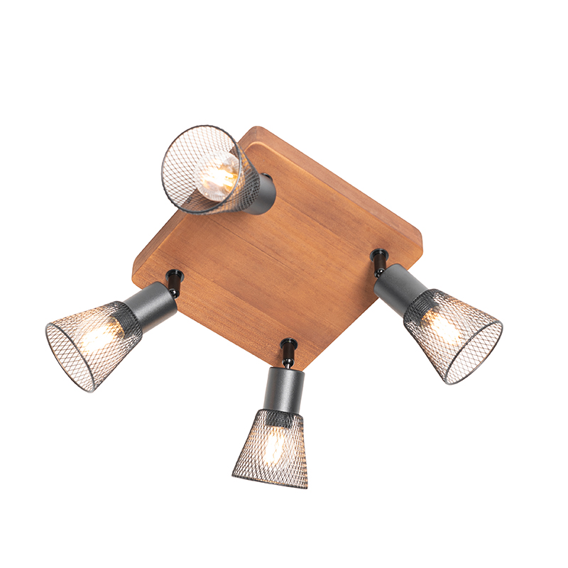 Foco industrial negro con madera 4-luces - Kristina