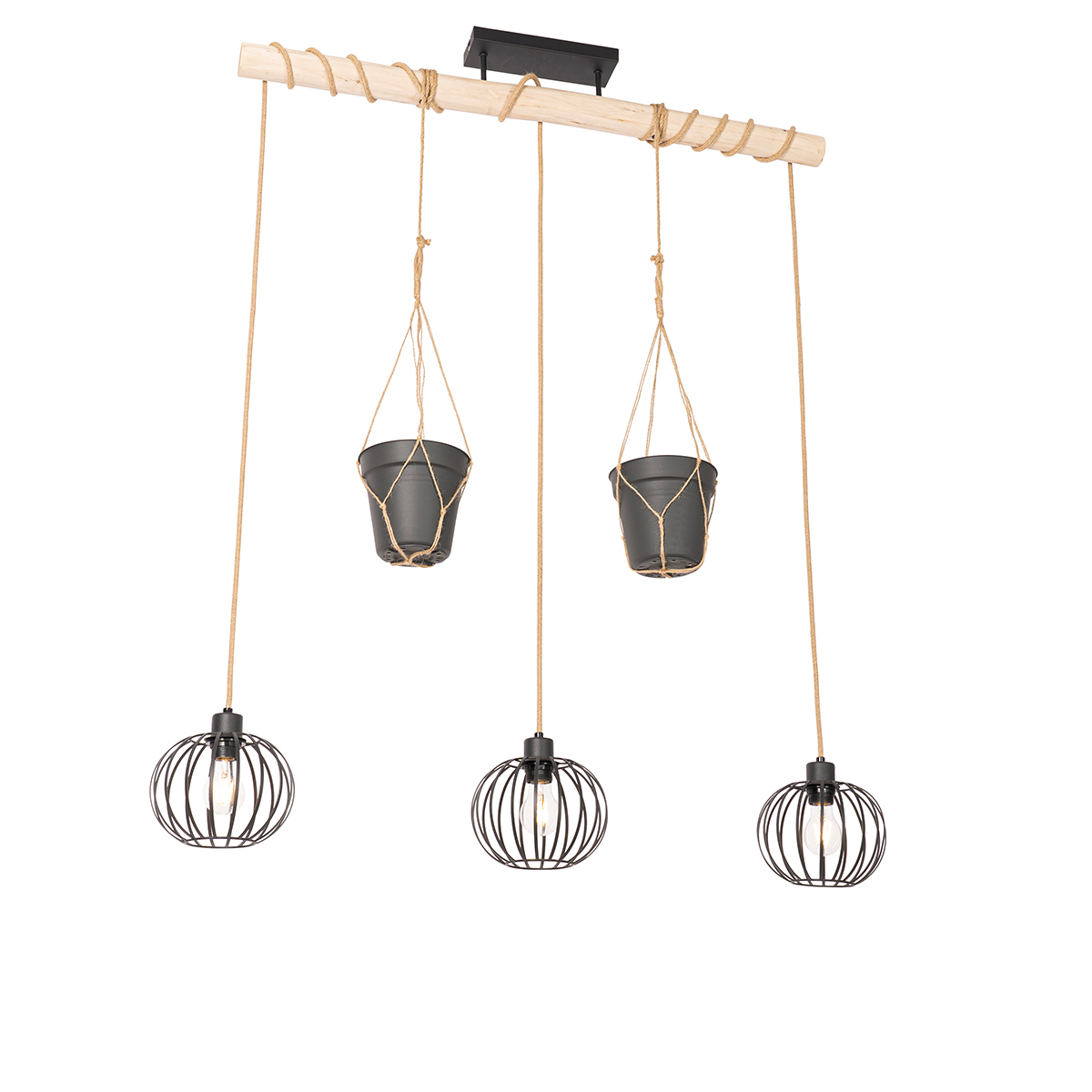 Lampada a sospensione rustica nera con legno 3 luci - Yura