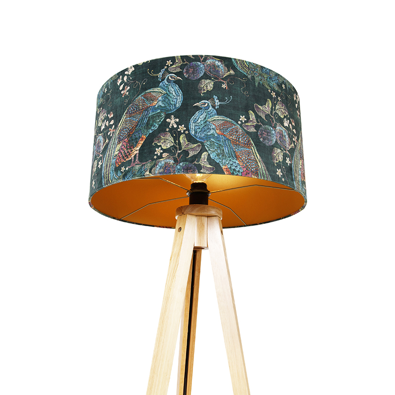 Modern Floor Lamp Wood with Fabric Lampshade Peacock Print 50 cm - Tripod Classic