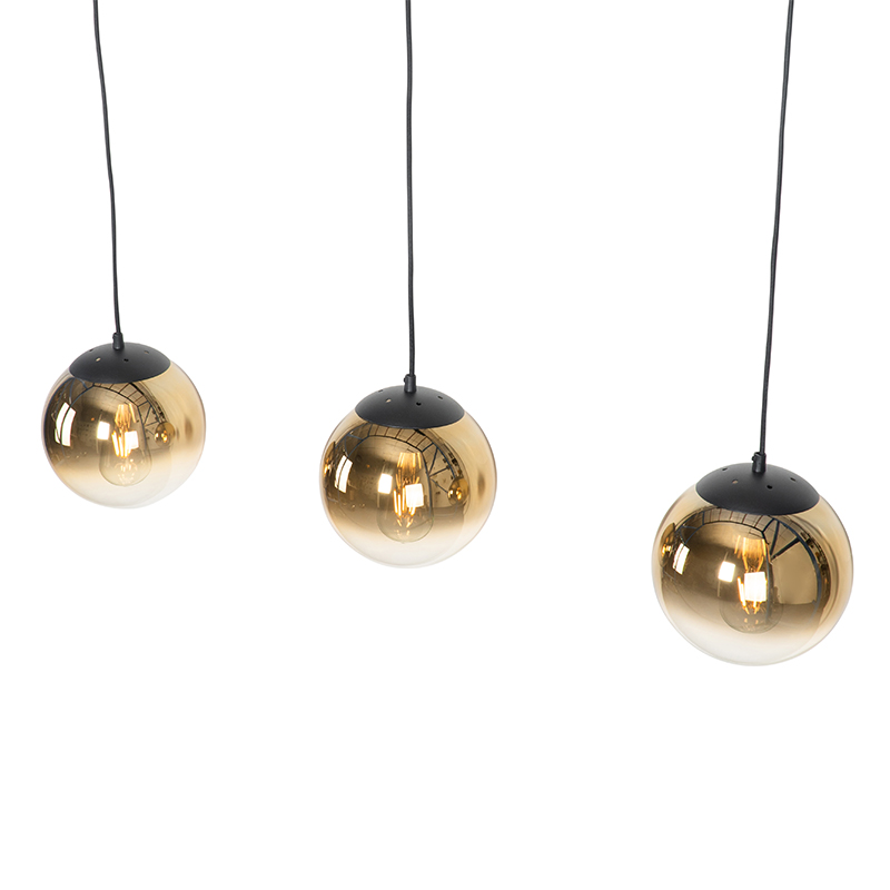 Lámpara colgante Art Deco negra con cristal dorado oblongo 3-luces - Pallon