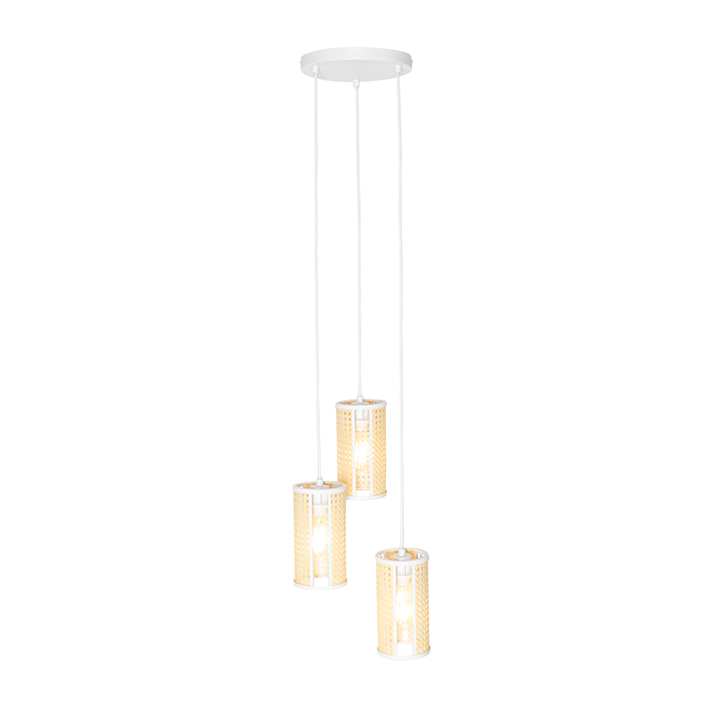 Oriental Pendant Light White with Rattan 3-Light Round - Akira