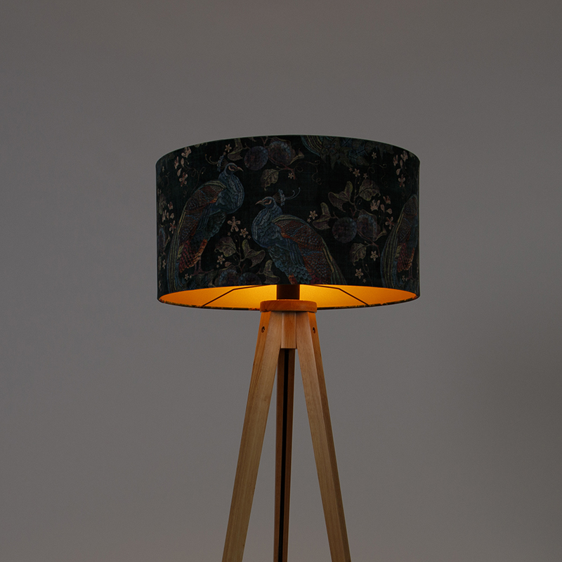 Modern Floor Lamp Wood with Fabric Lampshade Peacock Print 50 cm - Tripod Classic