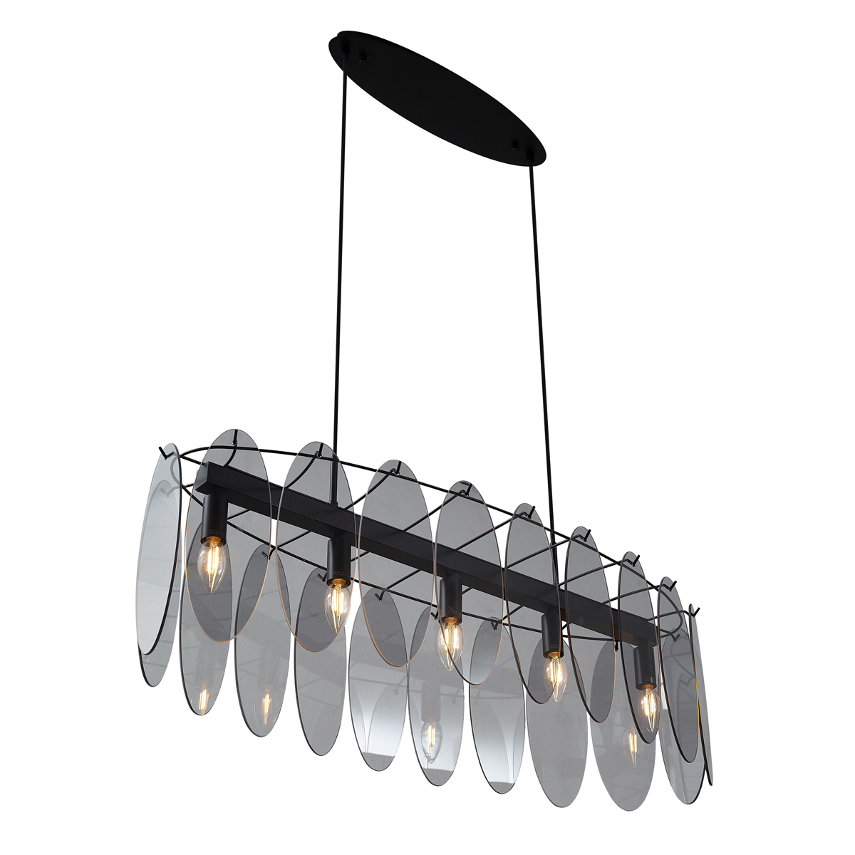 Lámpara colgante de diseño negra con cristal ahumado ovalado de 5 luces - Mochan
