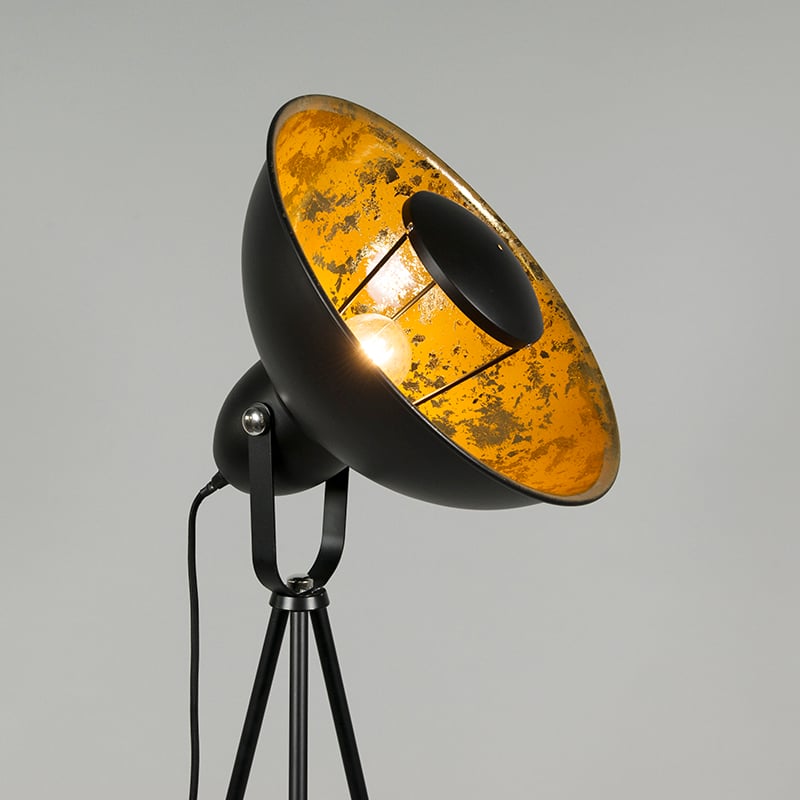 Lámpara de pie industrial trípode negro con dorado - MAGNA Basic 25