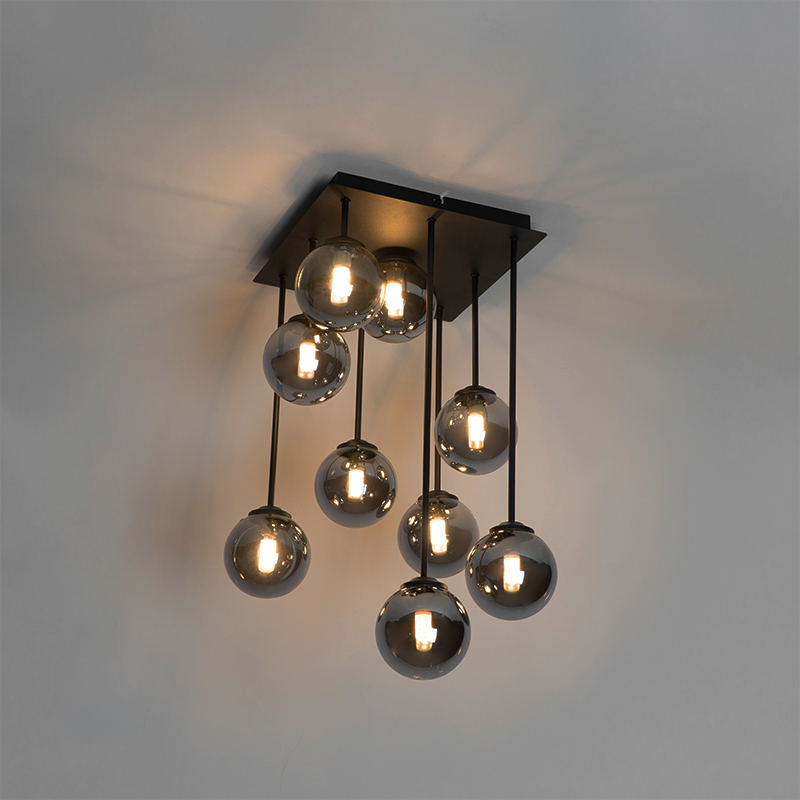 Modern Ceiling Light Black 9-Light with Smoke Glass - Athens