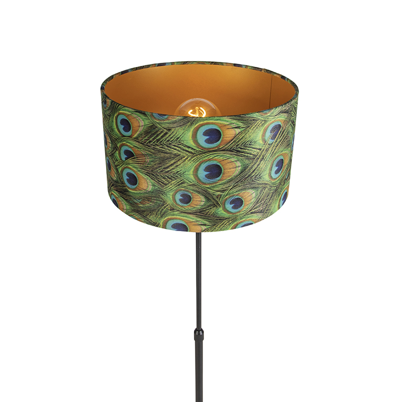 Lampadaire noir avec abat-jour en velours paon avec or 35 cm - Parte