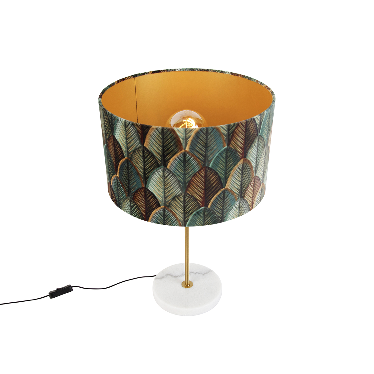 Lámpara de mesa de latón con pantalla de terciopelo, diseño de hojas e interior dorado - Kaso