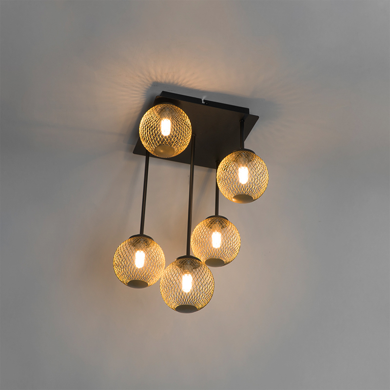 Moderne Deckenleuchte schwarz mit goldenen 5 Lichtern - Athens Wire