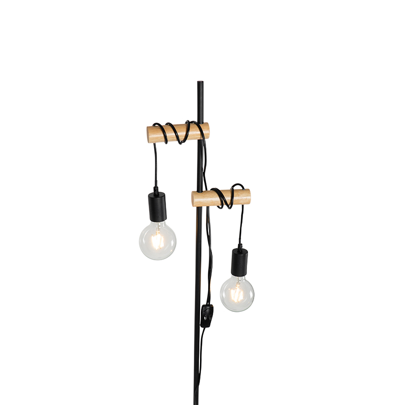 Lampada da terra rustica nera con legno 2 luci - Dami