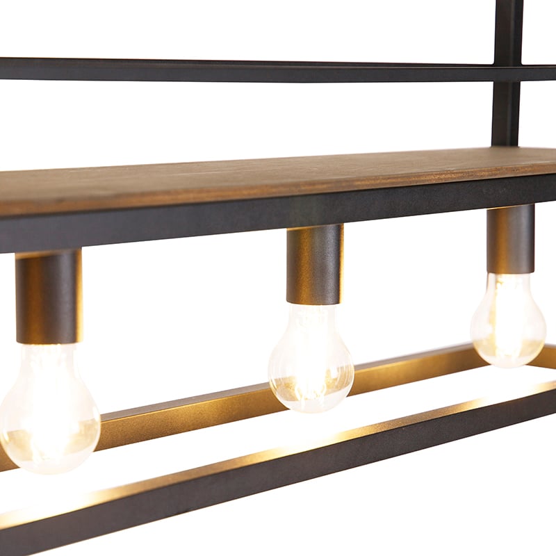 Lampada a sospensione industriale nera con legno e cremagliera 4 luci - Cage Rack