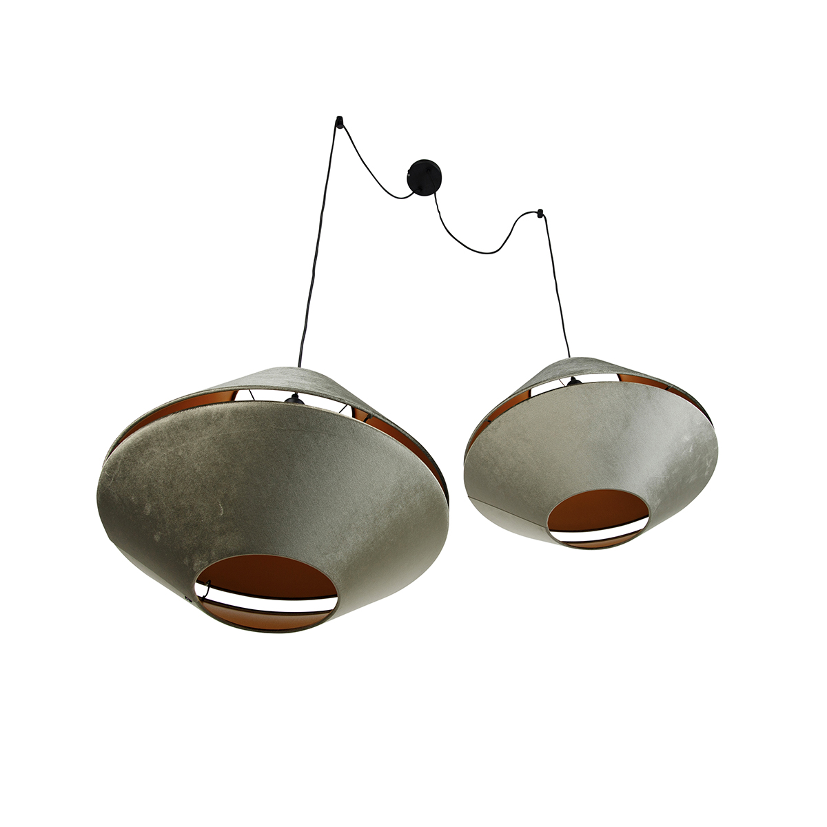 Lámpara colgante negra con doble pantalla de terciopelo verde con interior dorado 2-luces - Cava Luxe