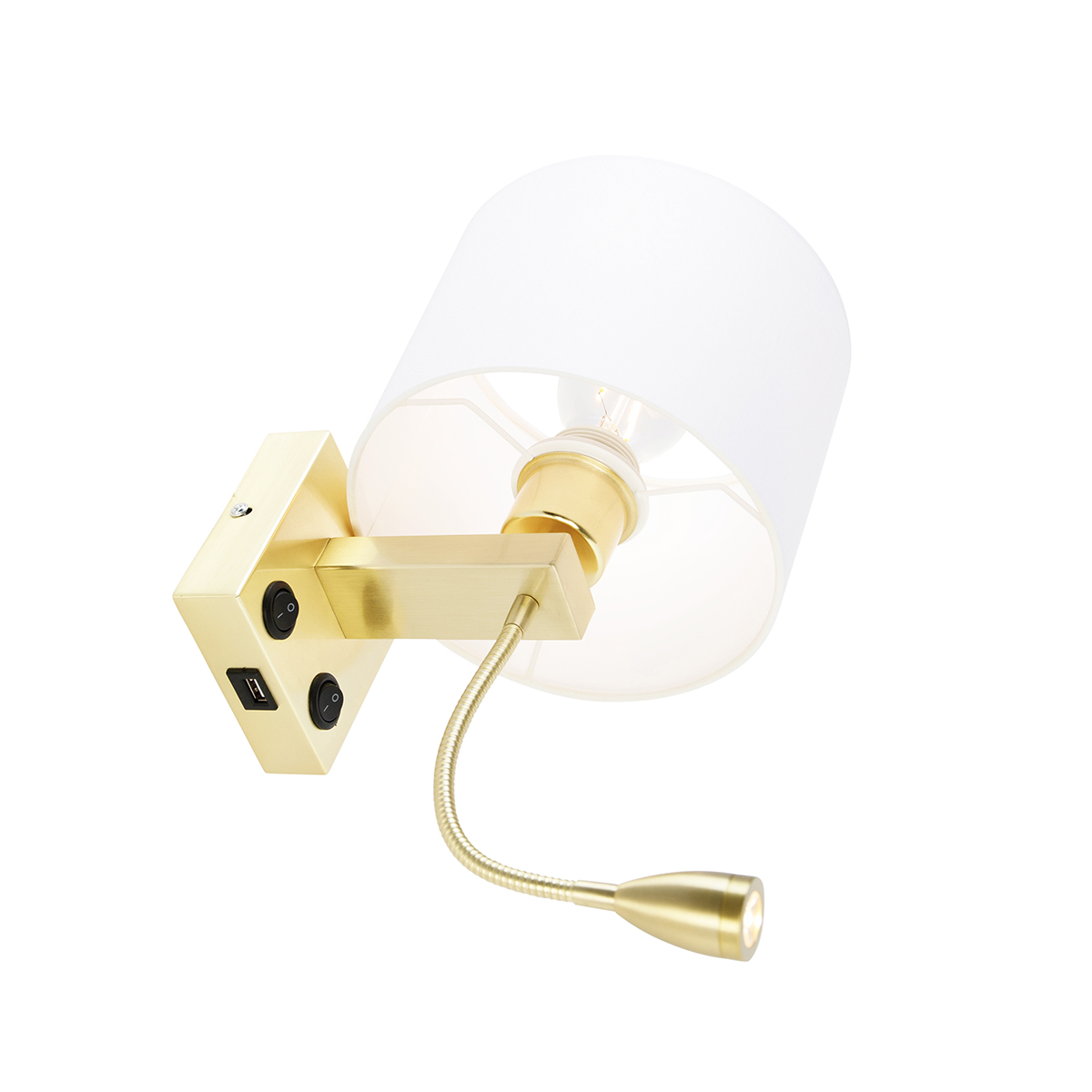 Applique da parete dorata con USB e paralume bianco 18 cm - Brescia Combi