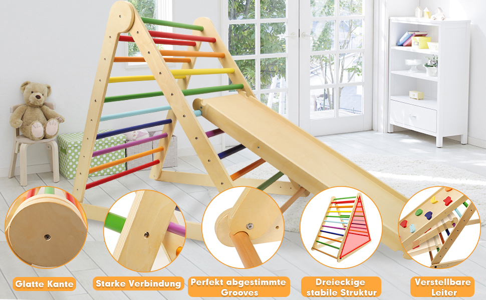 Triangle D'Escalade 3 En 1 Pour Enfants, Échelle D’Escalade En Bois Extensible Pliable Avec Toboggan, Aire De Jeux Intérieur Pour Petits Plus De 3 Ans, Charge 60KG -Pas Cher Clair Jardin Magasin