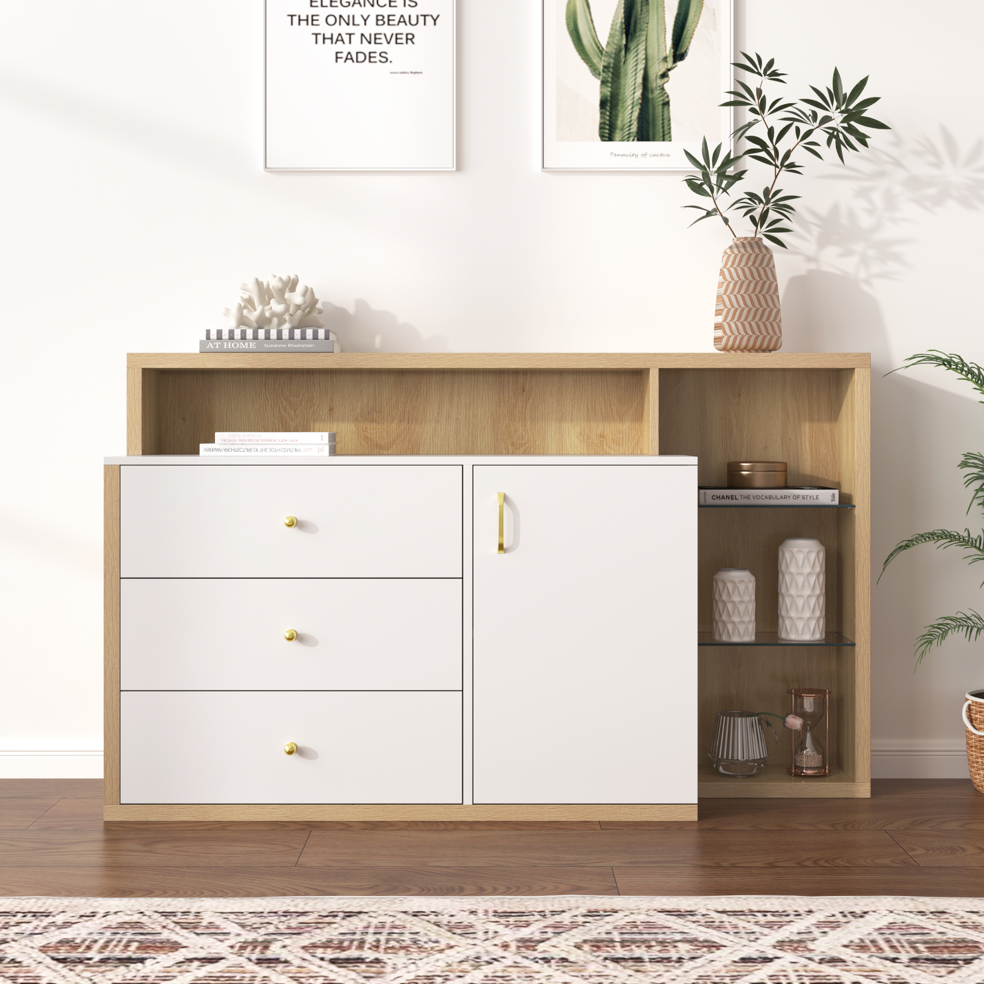 Buffet 140 X 20 X 85 Avec 1 Porte, 3 Tiroirs, 2 Compartiments En Verre, Meuble De Rangement De Large Espace, Commode D’étagère Pour Salon Ou Cuisine, Blanc -Homcomes Boutique