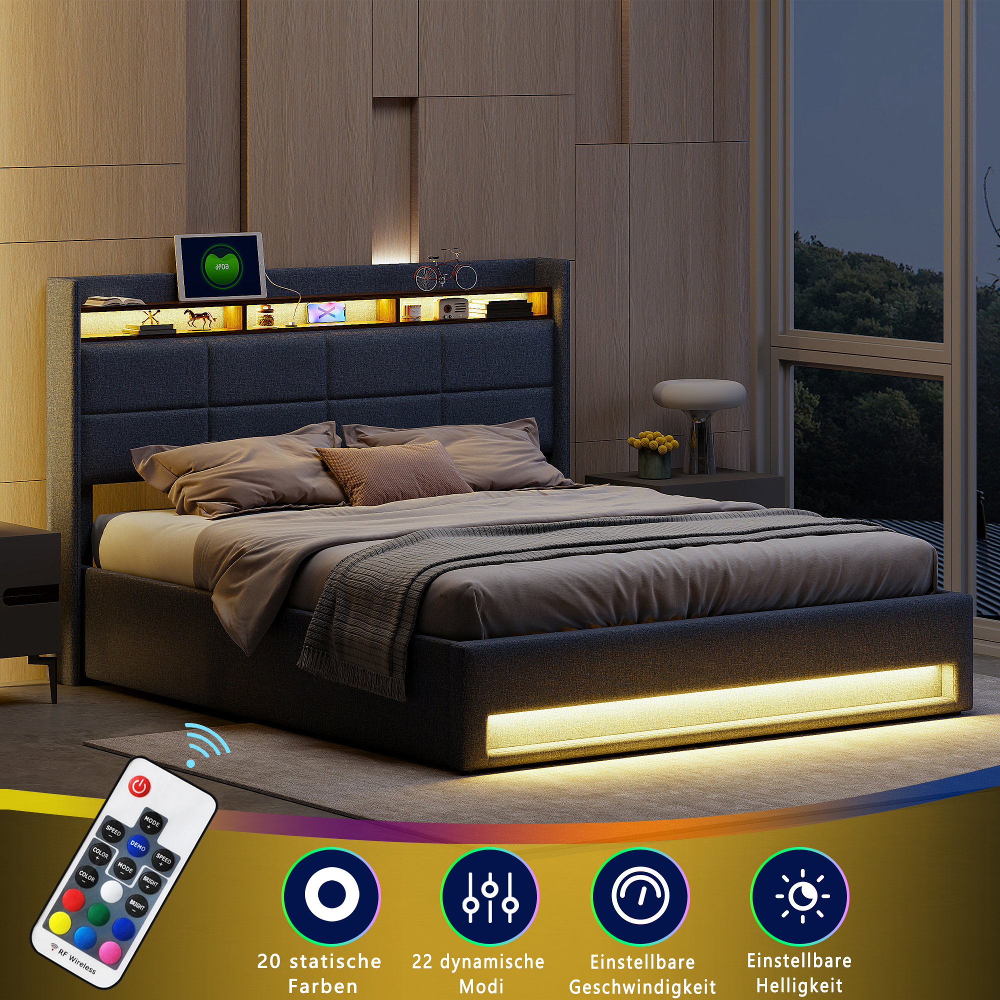 Lit Double 140x200 Avec LED, USB Et Rangement - Lit Coffre Moderne Avec Tête De Lit Rembourrée - Sans Matelas