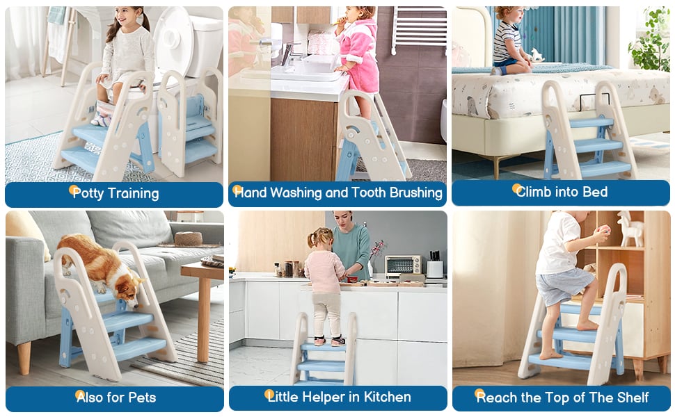 Marchepied Pliable Pour Enfant Bébé Avec 3 Marches Antidérapant, Rehausseur Stable, Hauteur Réglable, Multifonction Avec Poignées Sécurité Pr Salle De Bain, Bleu Et Beige -ATMOSPHERA || Songmics Soldes Boutique