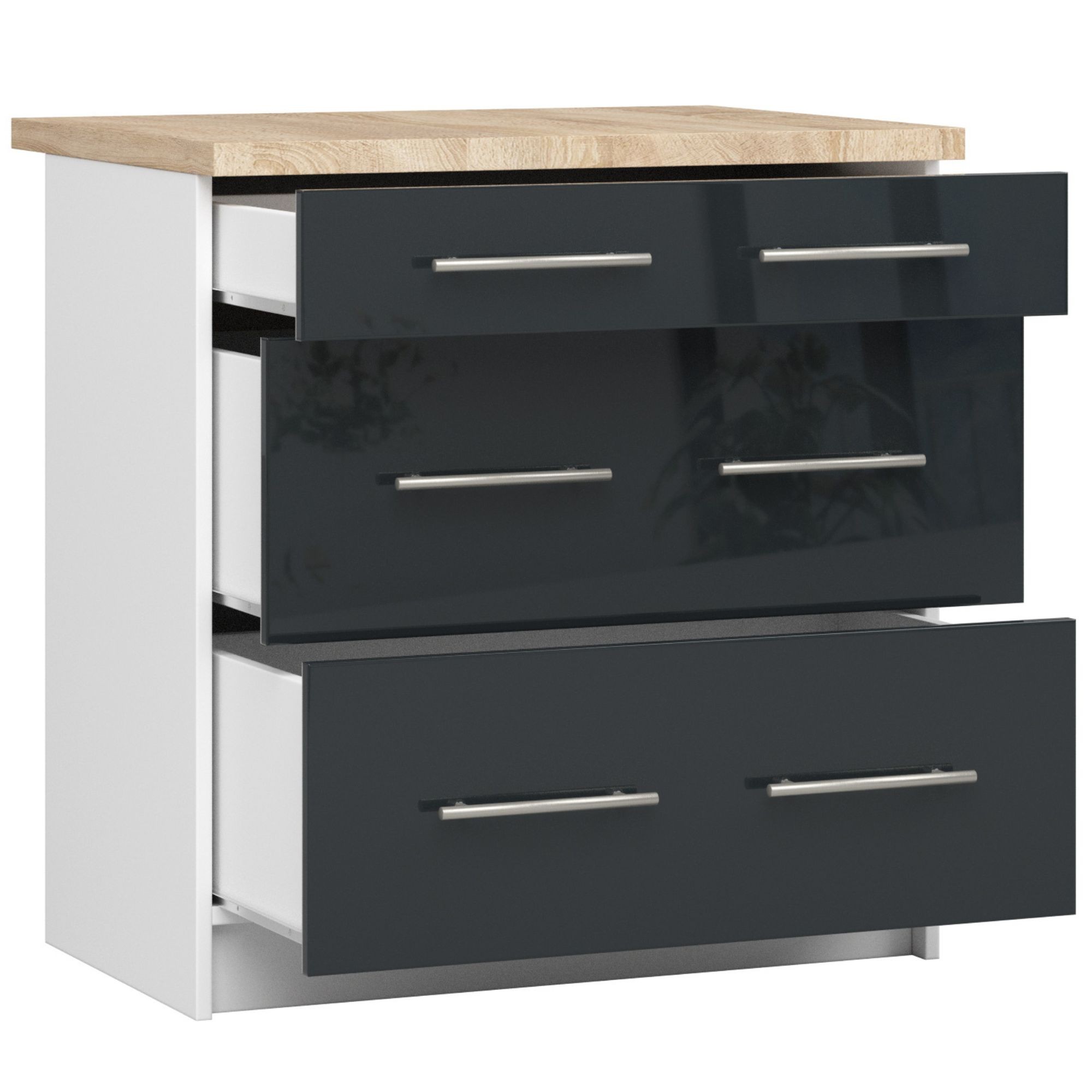 Raumhirsch Küchenunterschrank mit Schubladen 60 cm Graphit / Weiß / Hochglanz mit Arbeitsplatte Soft-Close 3 Schubladen Kollektion OLIWIA Detailansicht 2