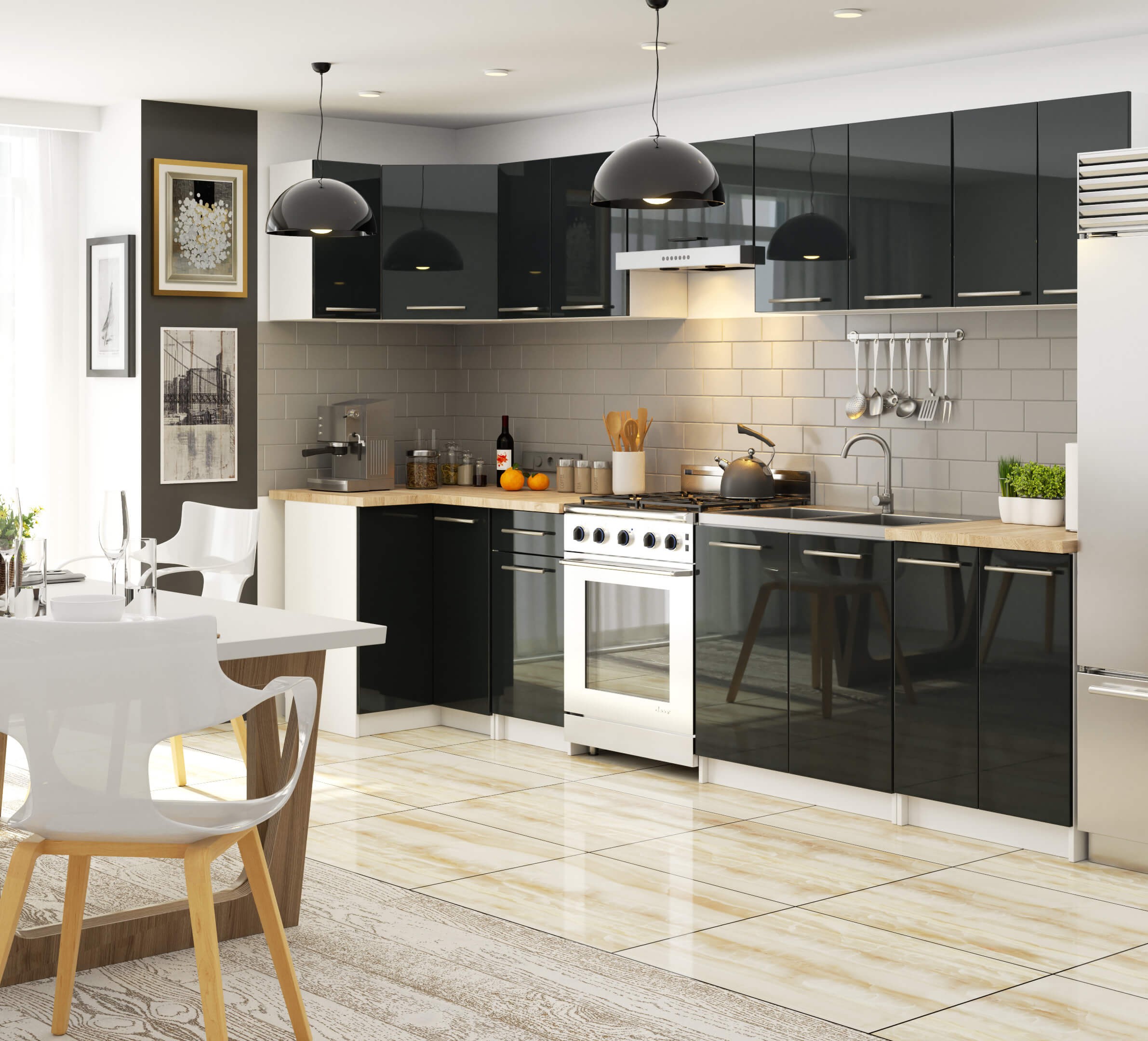 Raumhirsch Küchenunterschrank mit Schubladen 60 cm Graphit / Weiß / Hochglanz mit Arbeitsplatte Soft-Close 3 Schubladen Kollektion OLIWIA Maße und technische Details