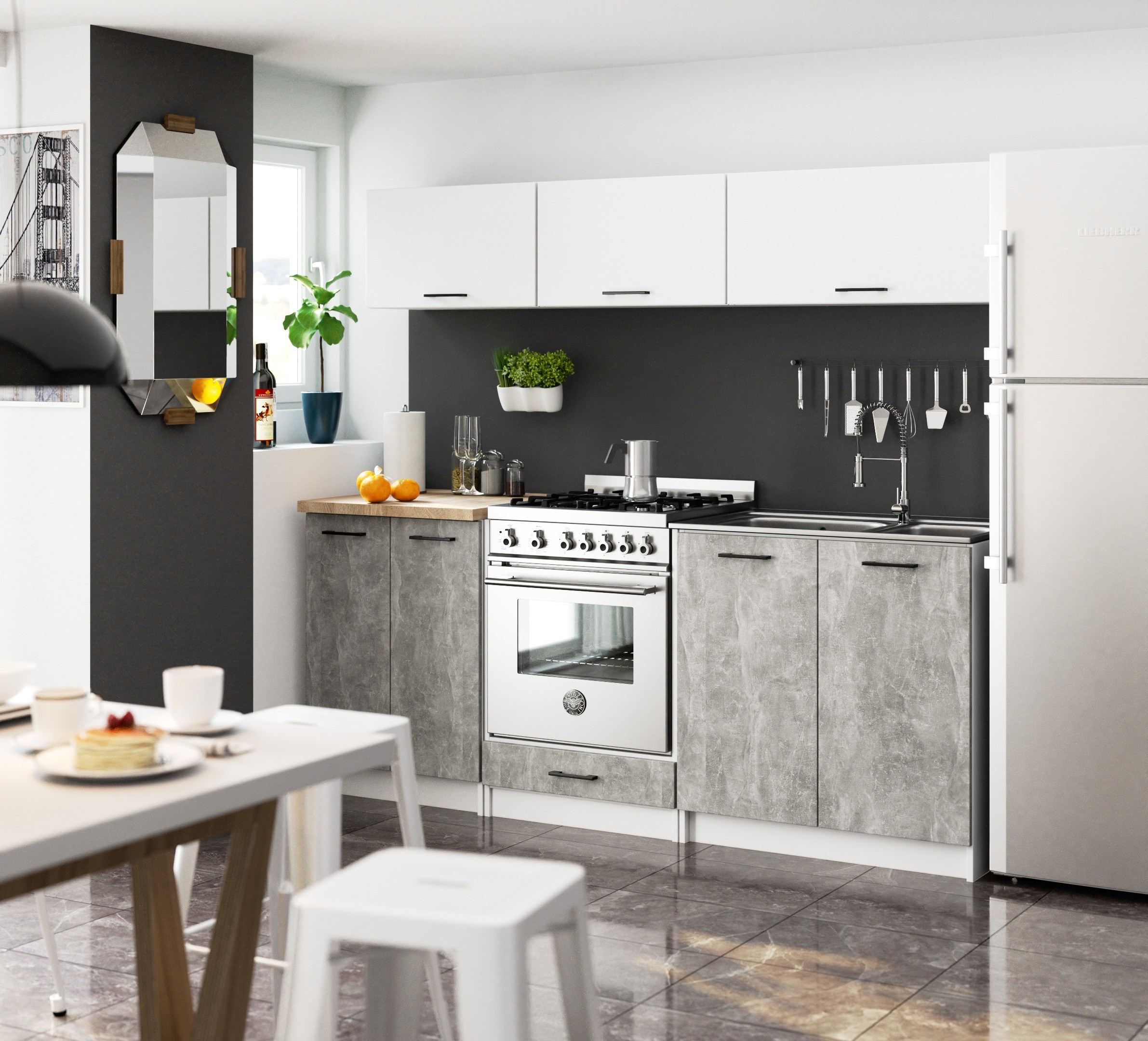 Raumhirsch Küchenunterschrank mit Schubladen 60 cm Beton mit Arbeitsplatte Soft-Close 3 Schubladen Kollektion OLIWIA Maße und technische Details