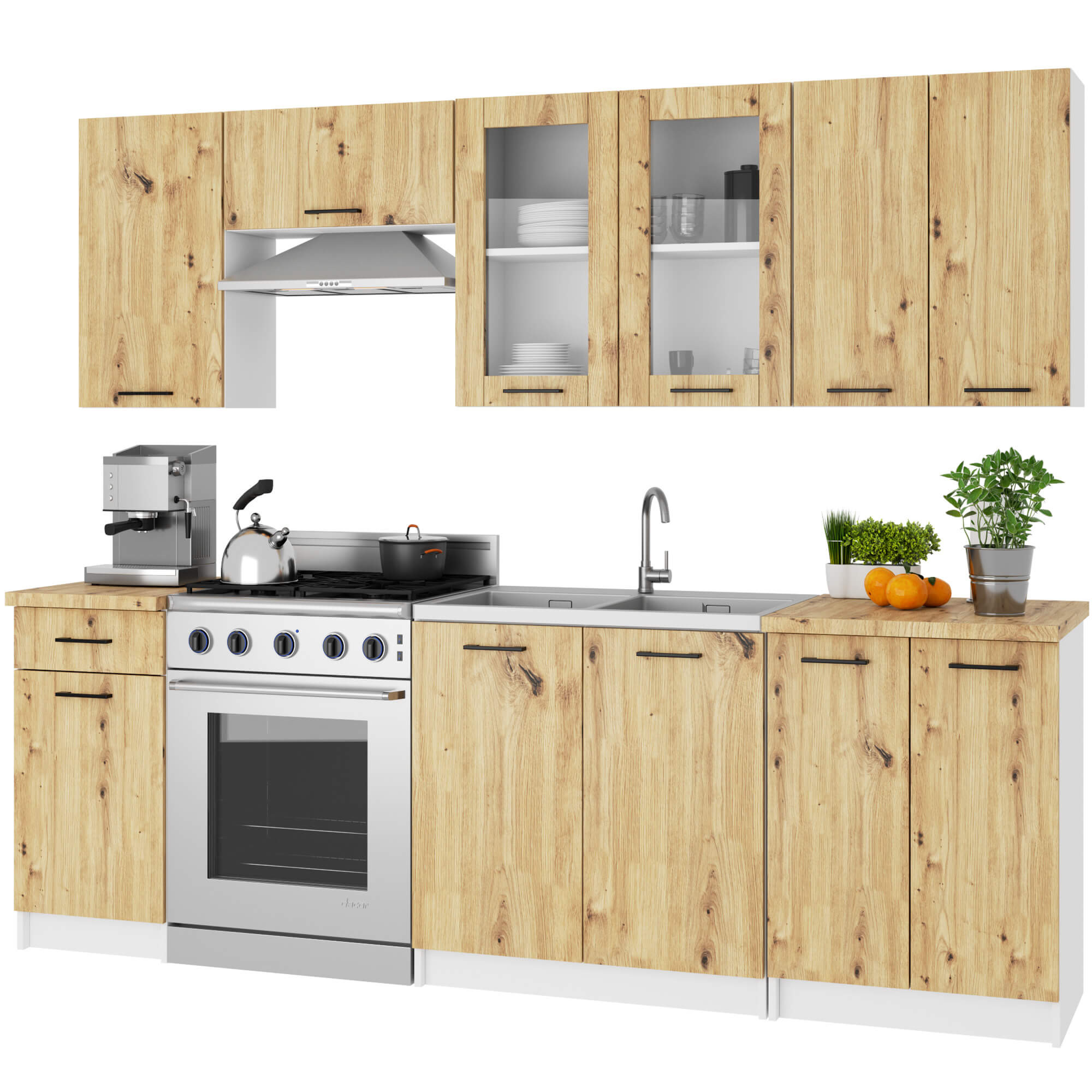 Raumhirsch Küchen-Hängevitrine 80 cm Eiche Artisan / Weiß / matt hängend 2 Türen Kollektion OLIWIA Maße und technische Details