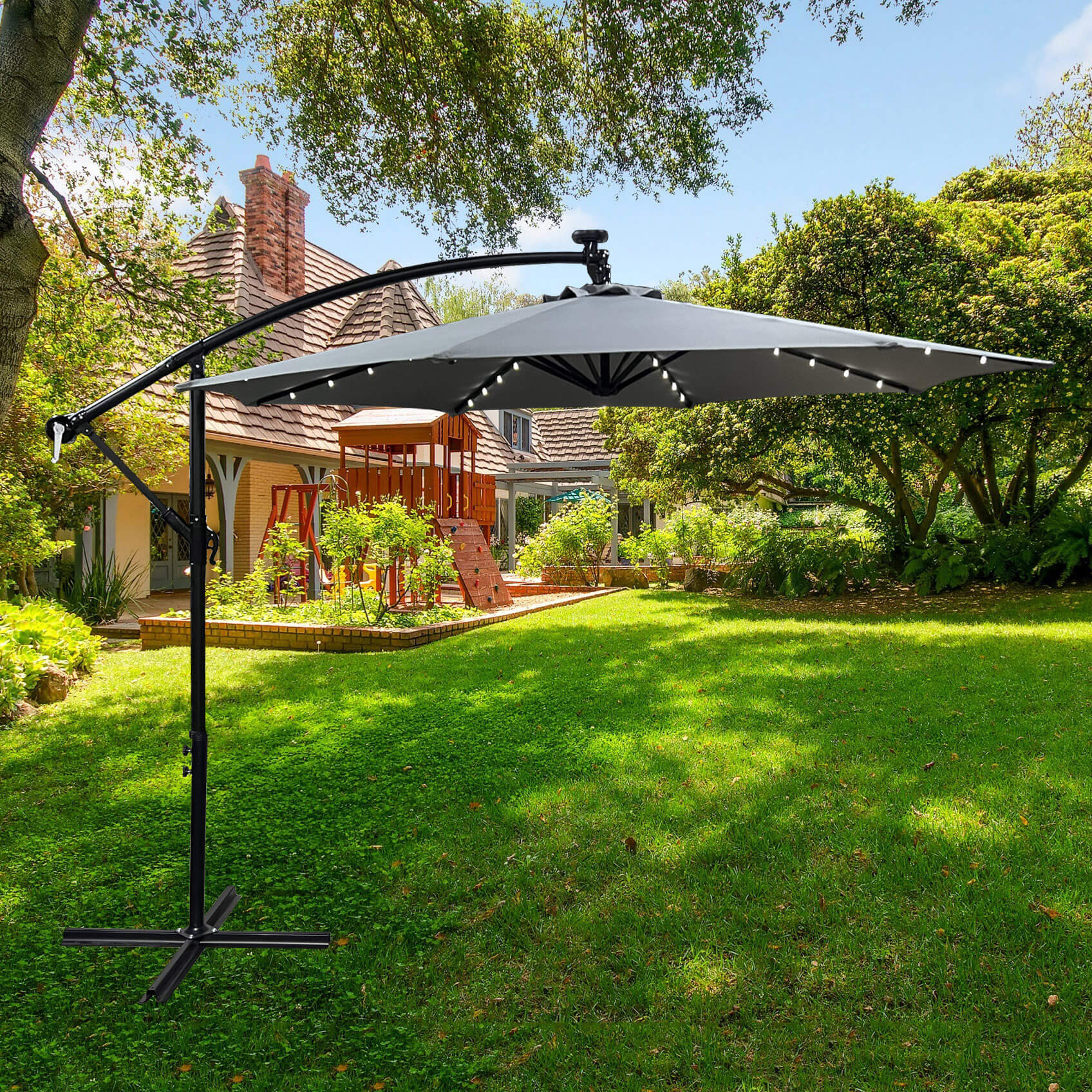 Raumhirsch Parasol déporté 300x300 cm acier / polyester LED Avec manivelle Protection UV gris – détail 1