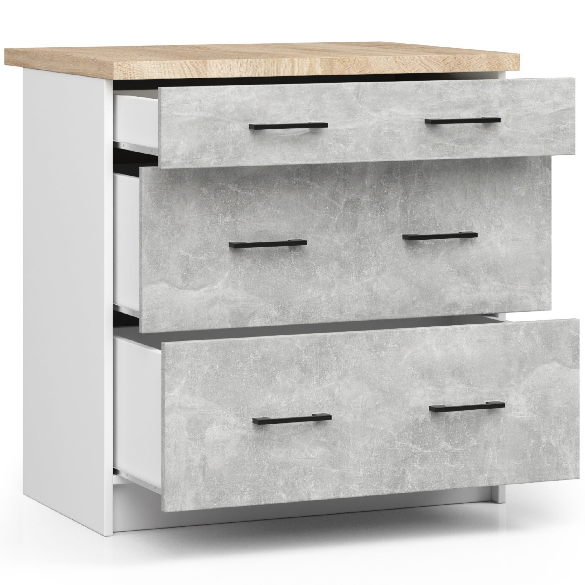 Raumhirsch Küchenunterschrank mit Schubladen 60 cm Beton mit Arbeitsplatte Soft-Close 3 Schubladen Kollektion OLIWIA Detailansicht 2