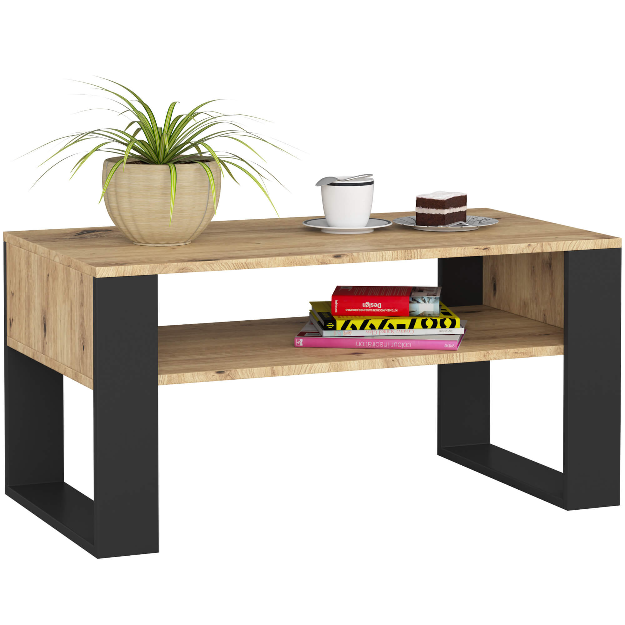 Raumhirsch Table basse 45x92x50 cm Avec rangement chêne Artisan / noir – vue principale