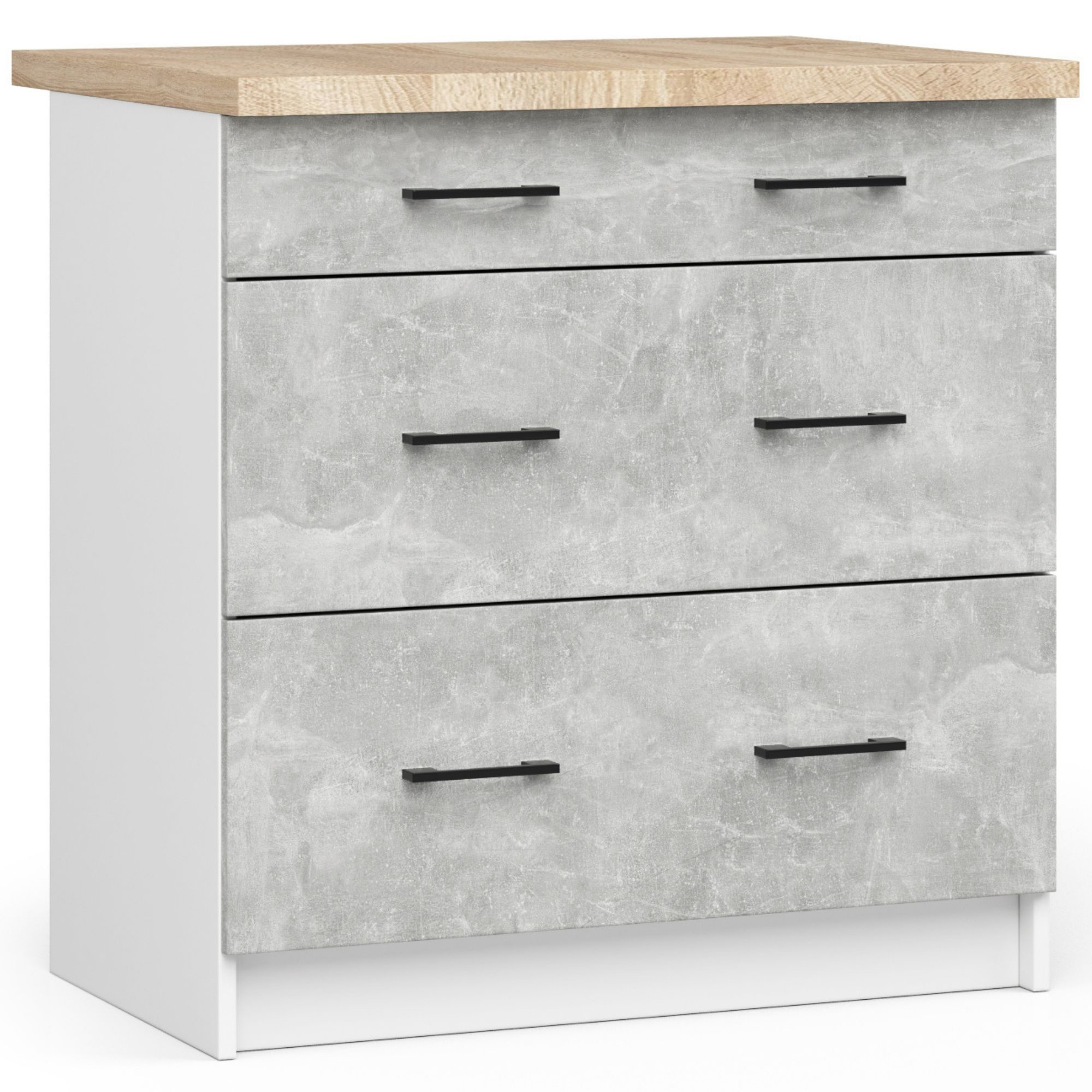 Raumhirsch Küchenunterschrank mit Schubladen 60 cm Beton mit Arbeitsplatte Soft-Close 3 Schubladen Kollektion OLIWIA Hauptansicht