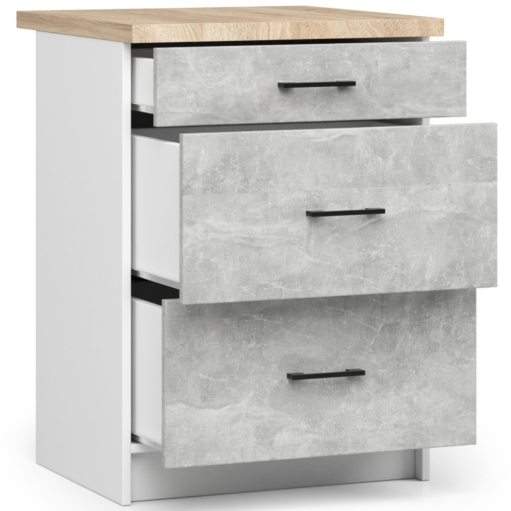 Raumhirsch Küchenunterschrank mit Schubladen 60 cm Beton mit Arbeitsplatte Soft-Close 3 Schubladen Kollektion OLIWIA Detailansicht 2