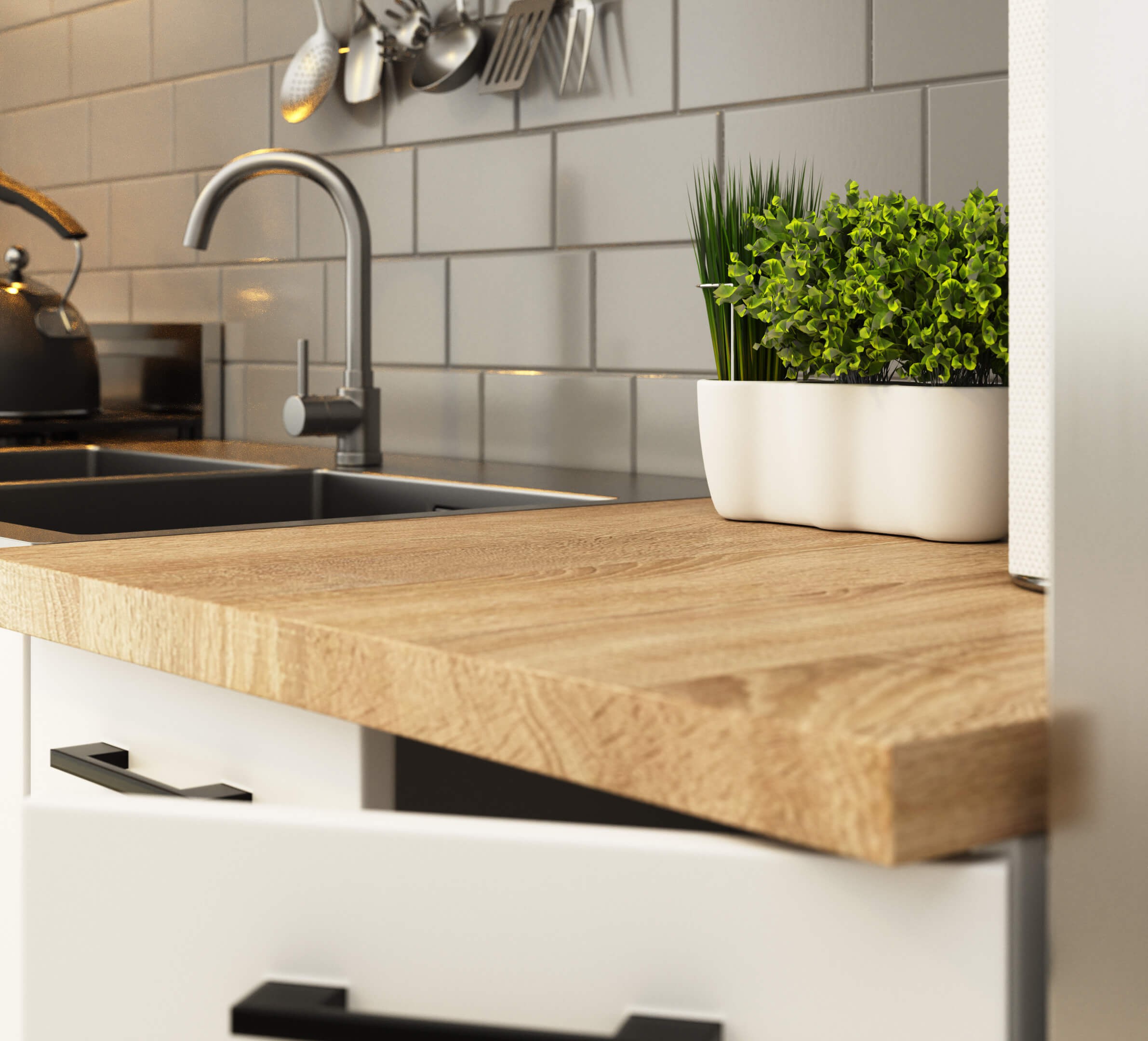 Raumhirsch Küchenunterschrank 60 cm Weiß  mit Arbeitsplatte 2 Türen Kollektion OLIWIA Maße und technische Details