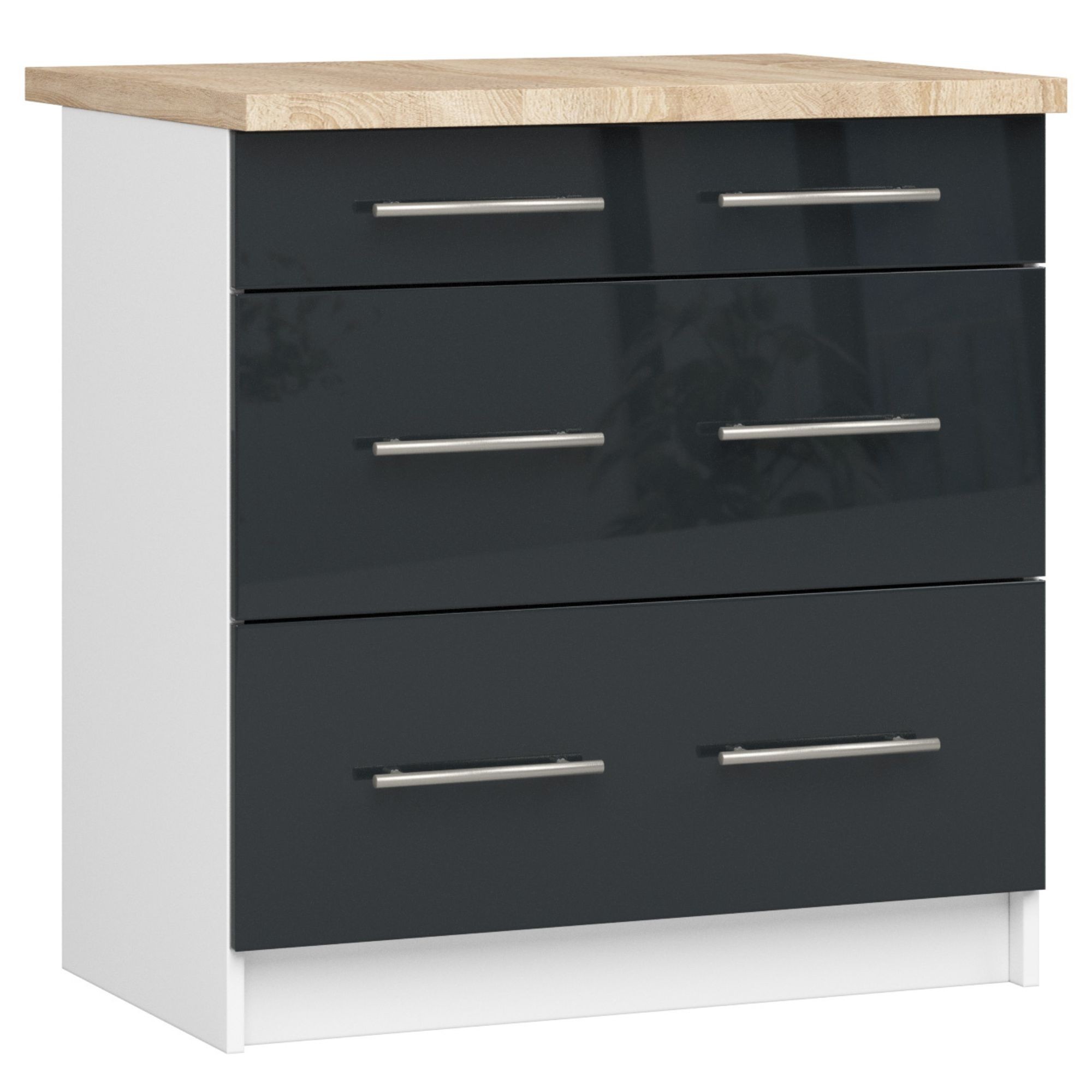 Raumhirsch Küchenunterschrank mit Schubladen 60 cm Graphit / Weiß / Hochglanz mit Arbeitsplatte Soft-Close 3 Schubladen Kollektion OLIWIA Hauptansicht