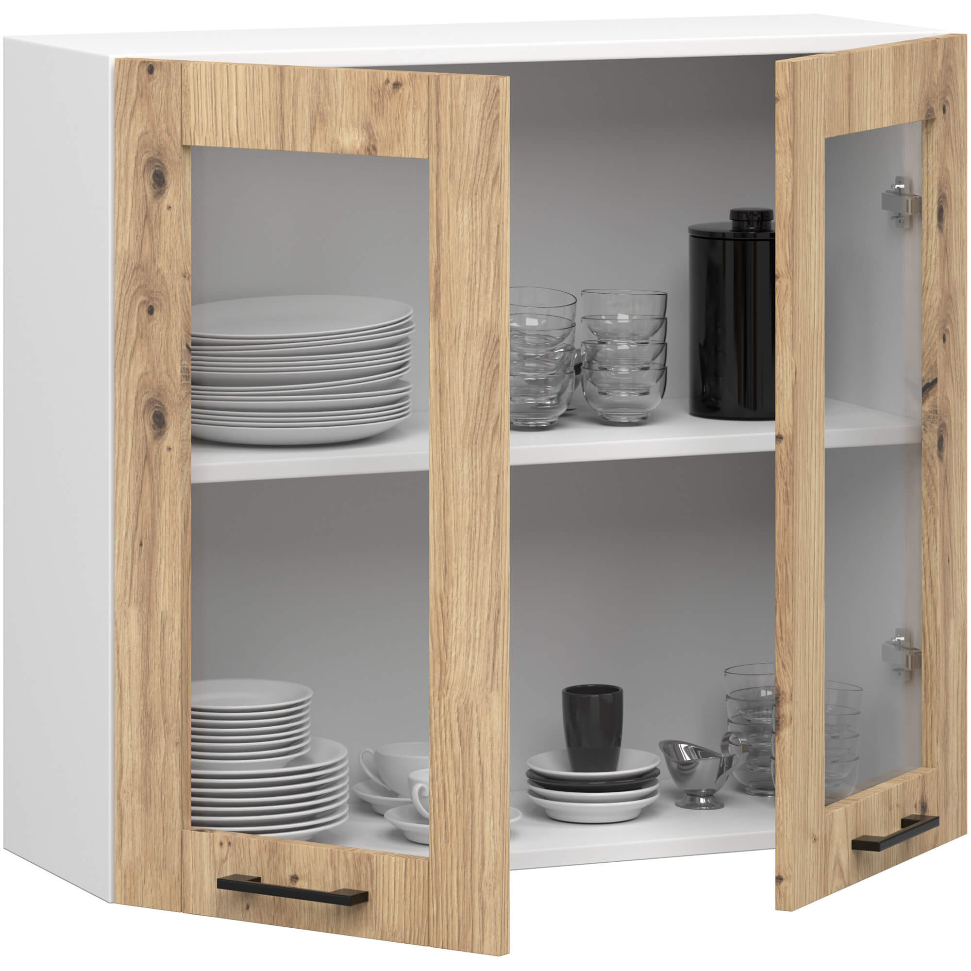 Raumhirsch Küchen-Hängevitrine 80 cm Eiche Artisan / Weiß / matt hängend 2 Türen Kollektion OLIWIA Detailansicht 2