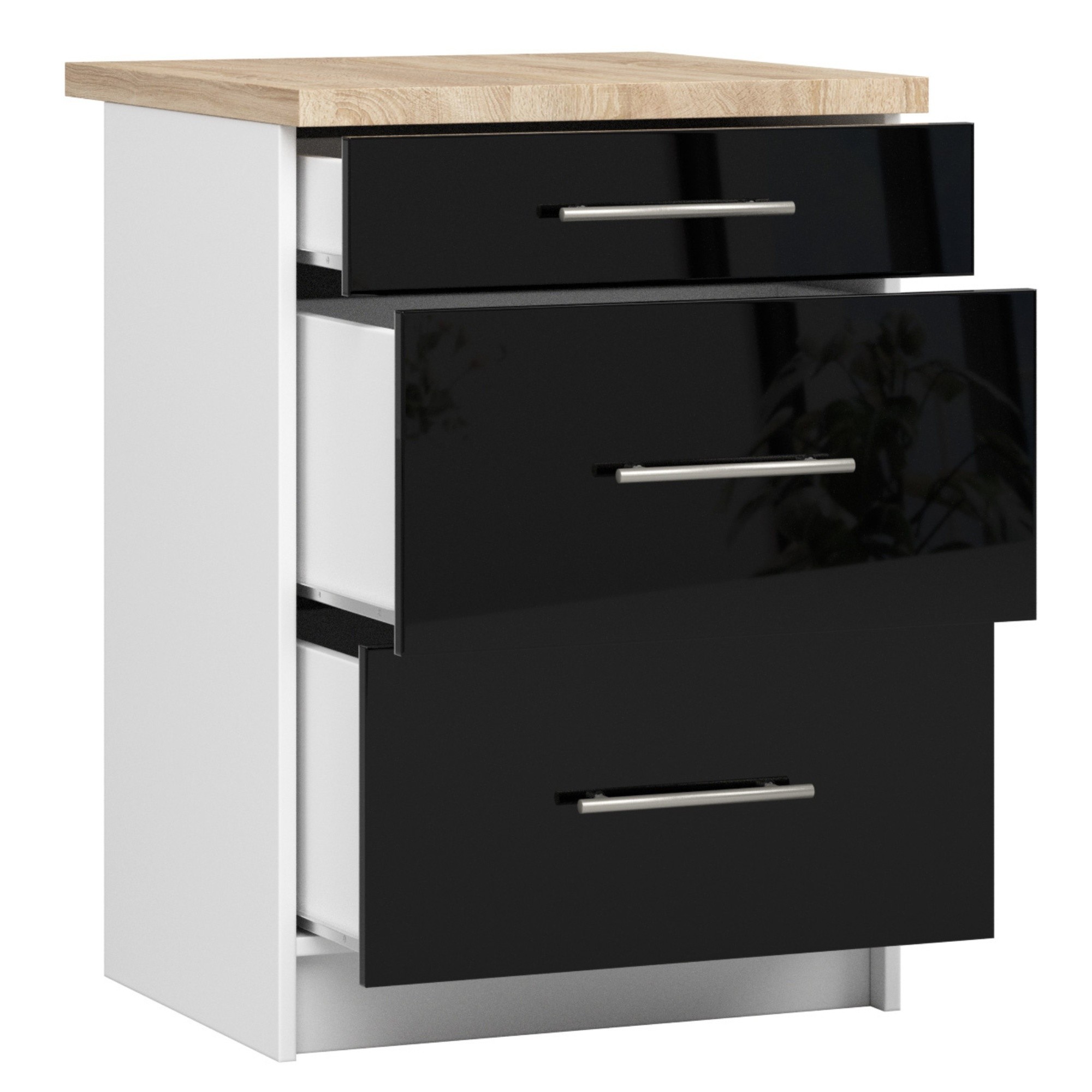 Raumhirsch Küchenunterschrank mit Schubladen 60 cm Hochglanz mit Arbeitsplatte Soft-Close 3 Schubladen Kollektion OLIWIA Detailansicht 2