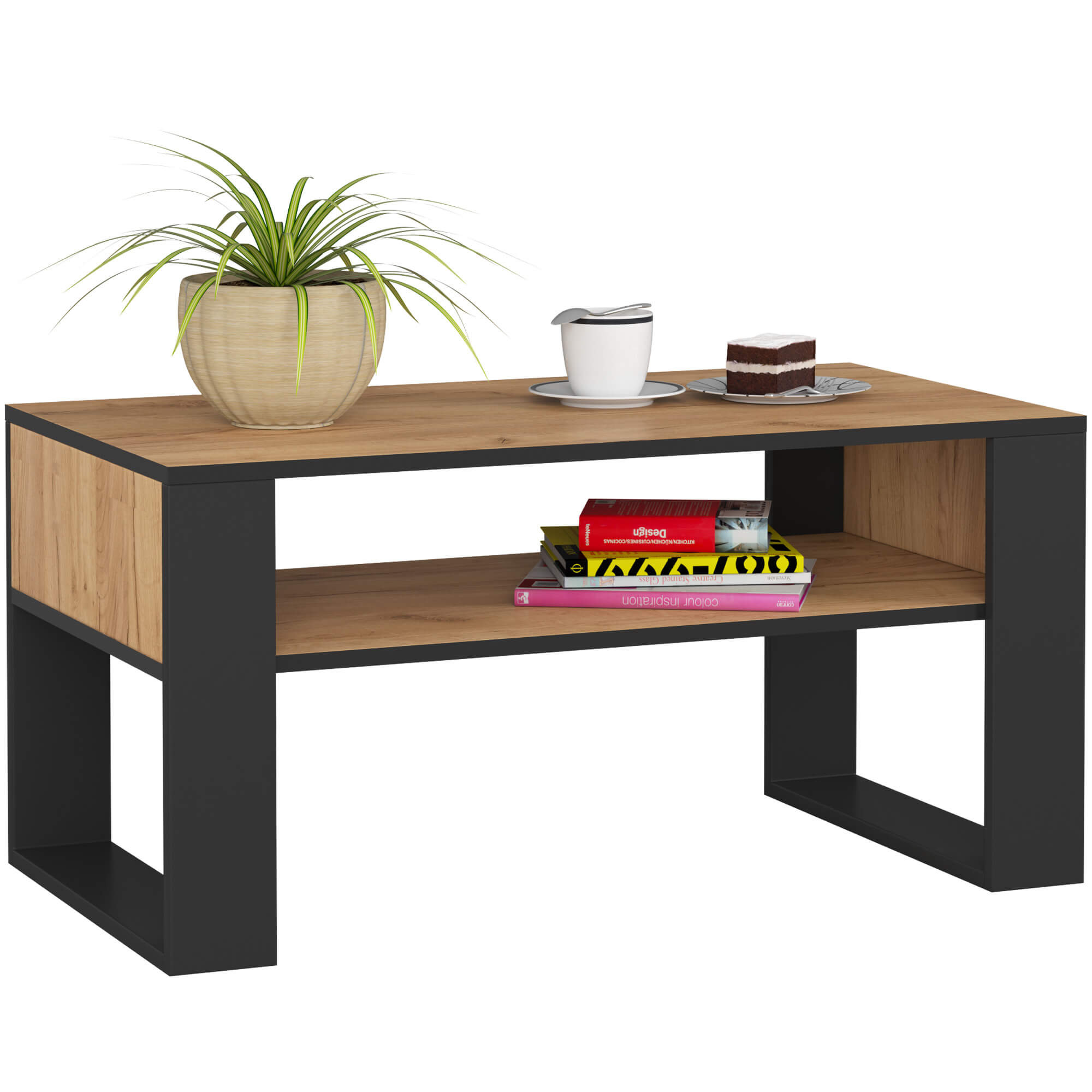 Raumhirsch Table basse 45x92x50 cm Avec rangement chêne craft / noir – vue principale