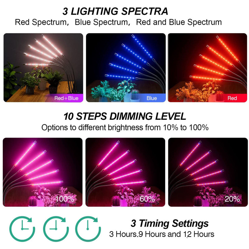 Lampe horticole LED 5 têtes pour plantes d'intérieur