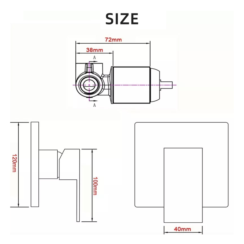 Diagrama de dimensiones del mezclador de ducha