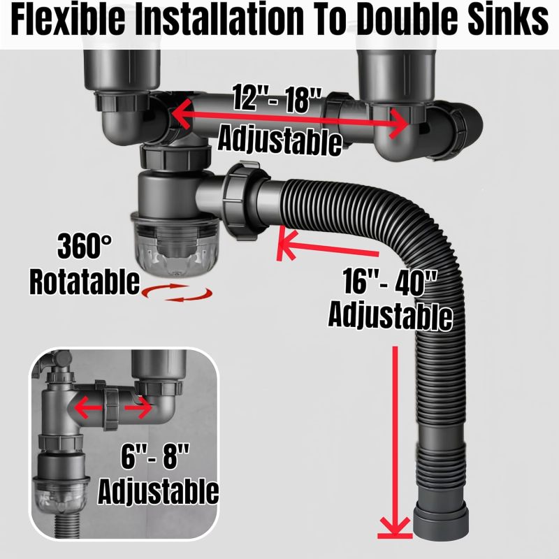 Kit drainage évier double bac - Installation flexible - Dimensions réglables