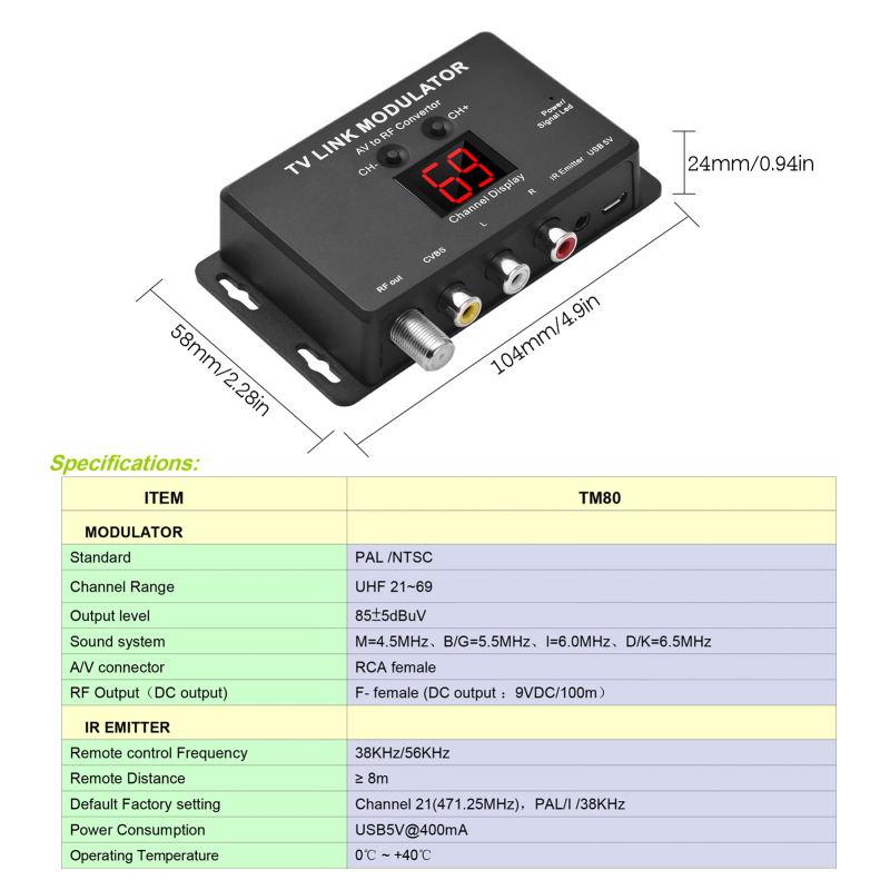 Modulateur TVLINK A/V vers RF - vue d'ensemble