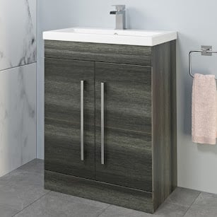Charcoal grey fully assembled floorstanding basin unit with doors