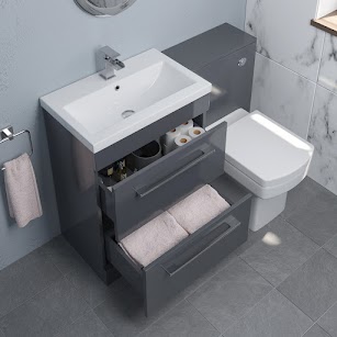 Grey gloss fully assembled floorstanding basin unit with drawers