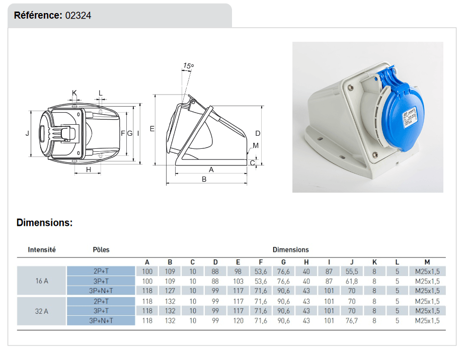 dimensions Socle de prise 32A 2P+T en saillie etanche IP44