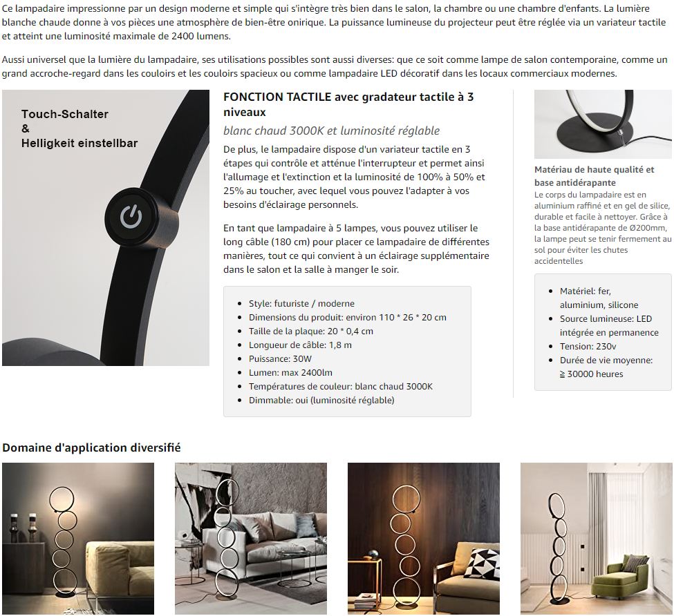 ZMH LED Lampadaire Dimmable Lampadaire Moderne 32W Interrupteur Tactile Lampadaire Blanc Chaud 3000K Aluminium Uplighter 5 Lumières Lampadaire Noir En Forme D'anneau Pour Chambre Salon étude 110cm-noi -Éclairage Domestique AAHKMJXYDAFdJAOAIMEbOAchETT0aIIvMOKlhcvDuzTxm3faIEvYAV1s39mMDFPSL 3tO1wJ I3IC6ErMFXk