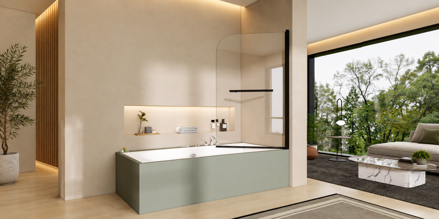 800 x 1400mm pivot bath shower screen with curved chrome profile