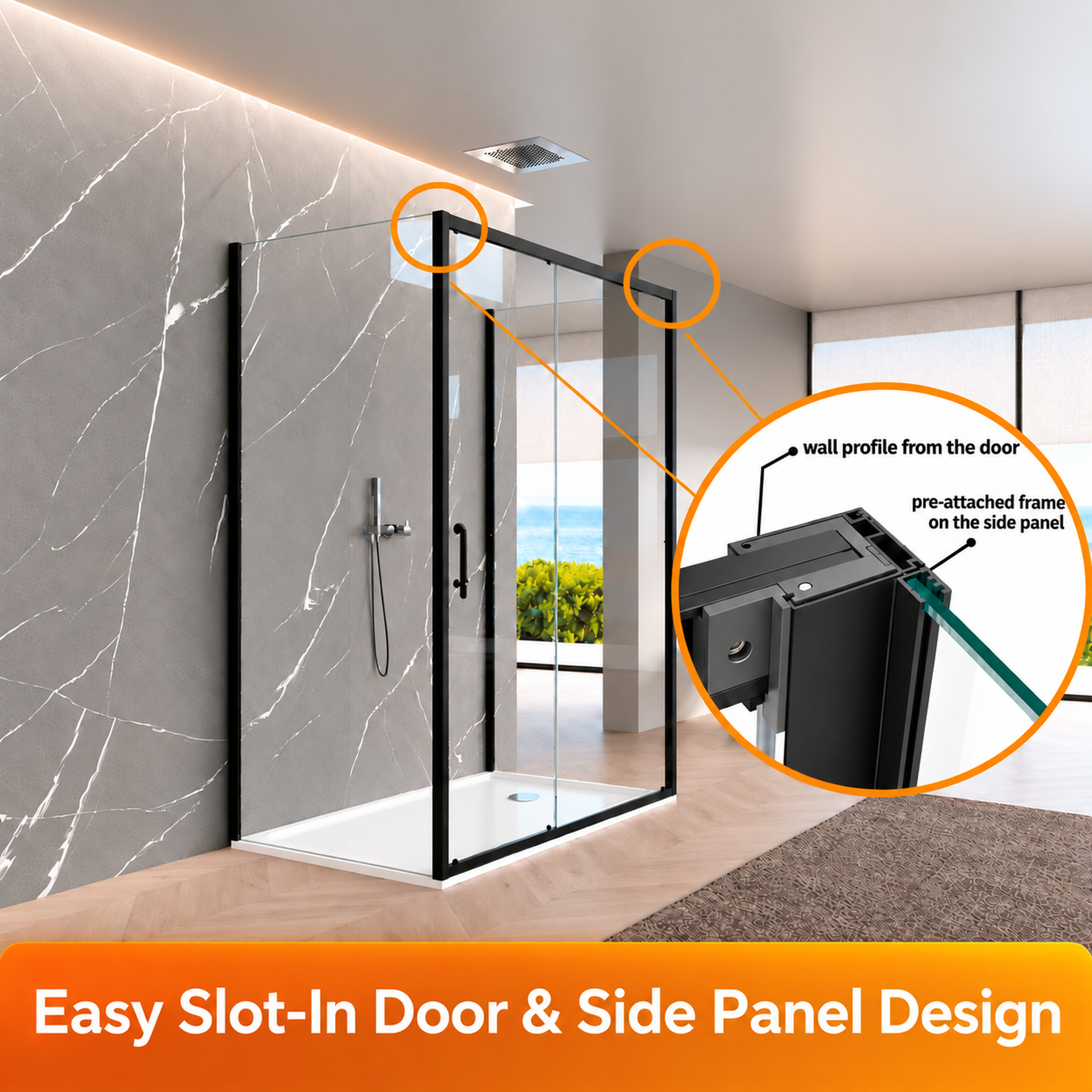 STECHHOMES 3-Sided Matt Black Sliding Shower Enclosure