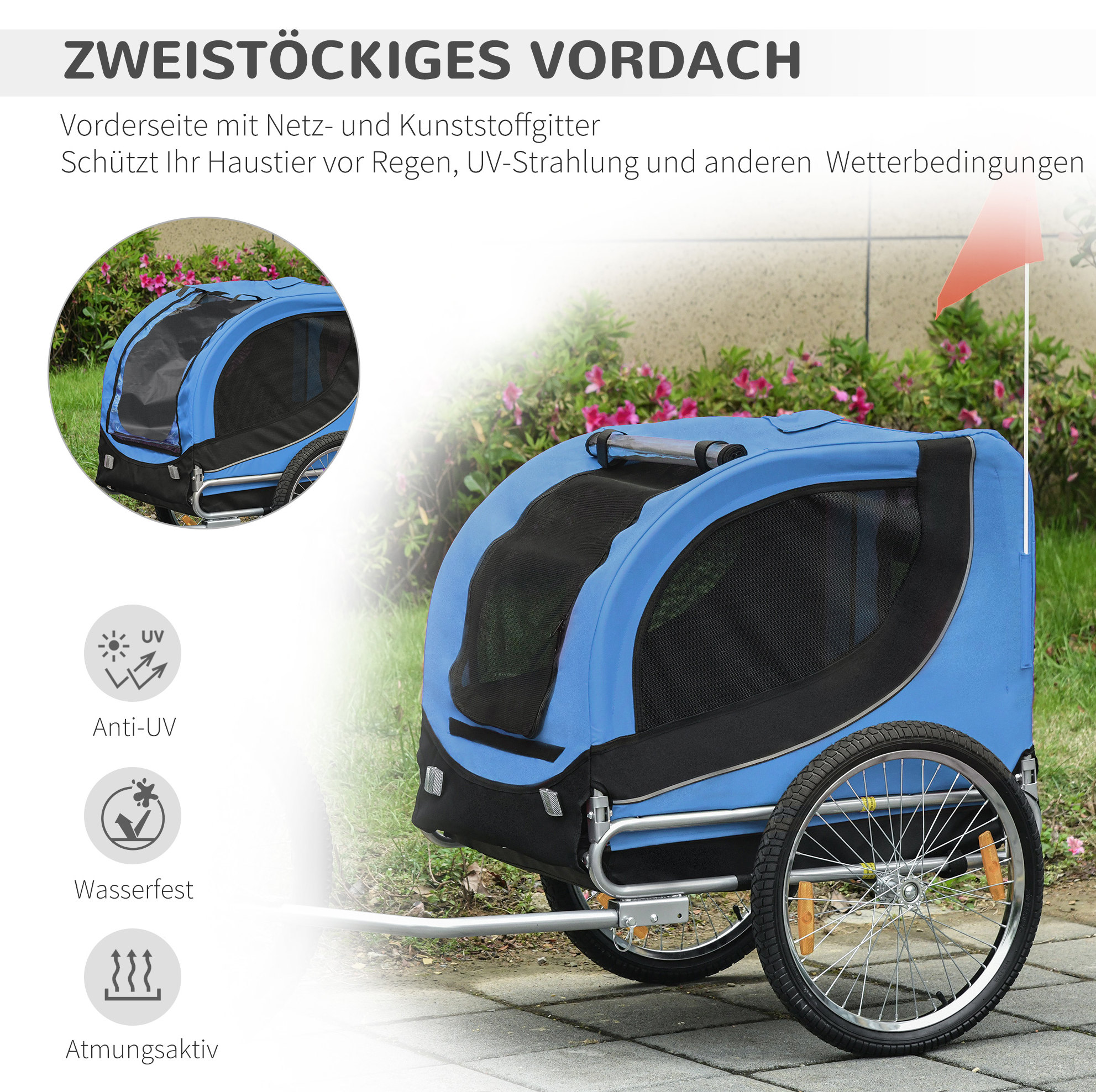 Remorque vélo pour chien 130x73x90 cm en tissu Oxford bleu, design ...