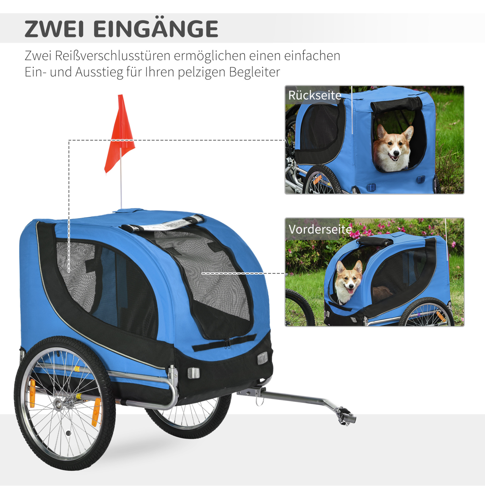 Remorque vélo pour chien 130x73x90 cm en tissu Oxford bleu, design ...