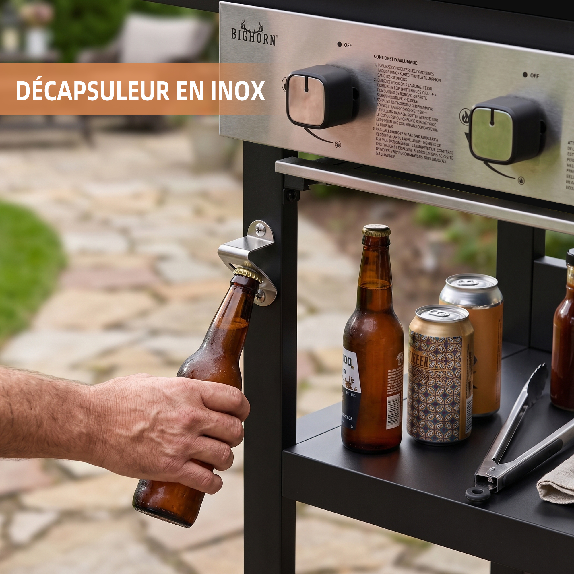 Décapsuleur en inox fixé sur le chariot
